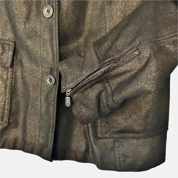 😊Alfani Leather Coat Brown Bronze Lined Jacket Zip Sleeves Pockets Womens Sz M - Picture 6 of 15
